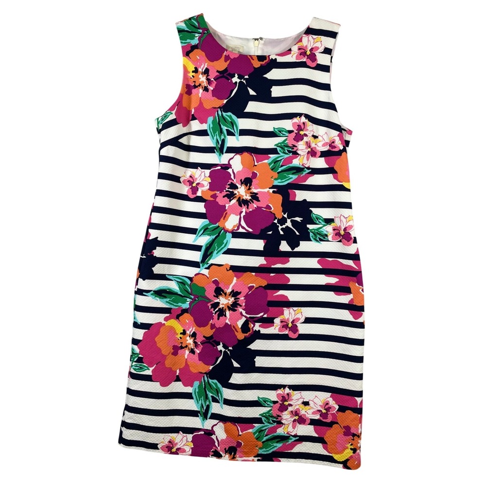 Talbots Petites Striped Floral Sheath Dress Women Size 12P Navy White Pink Orang